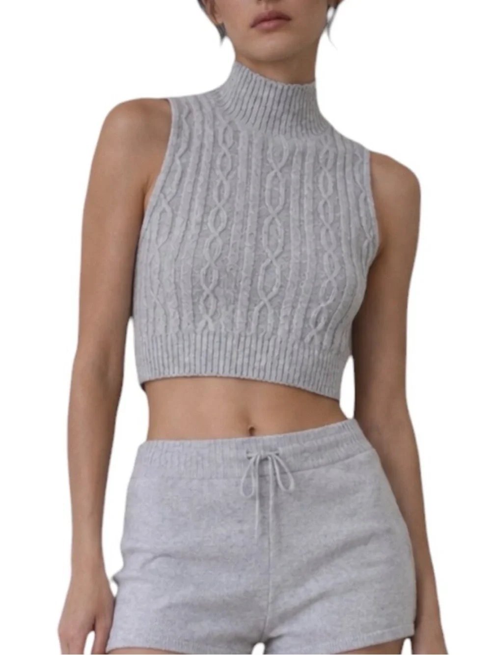 ALO YOGA  Cable Knit Winter Bliss Mock Neck Tank Top Heather Grey Size  XS NWOT